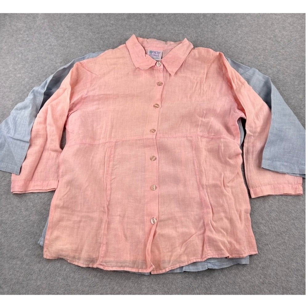 Fresh Produce Womens XL 100% Linen Button Down Shirt Lot 2 Coral Pink Light Blue